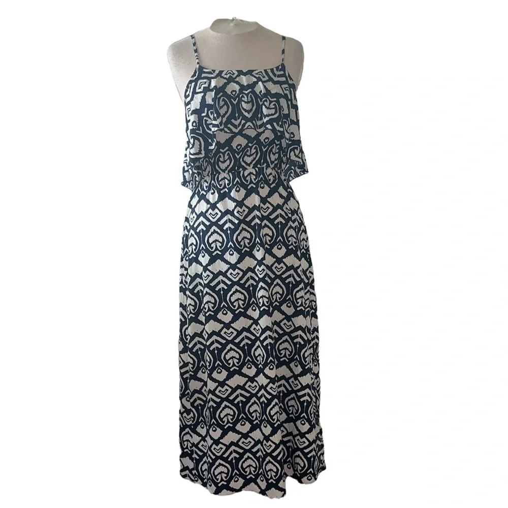 Indulge blue and white geometric print sleeveless maxi dress size Small - Picture 2 of 13